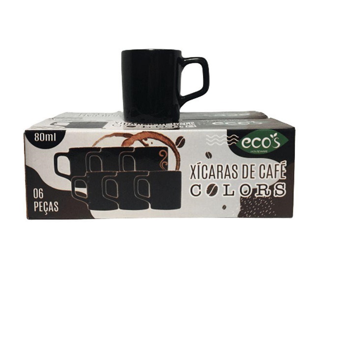 JOGO XICARA CAFE 80ML C/06 PRETO/ VERMELHO ECOS 